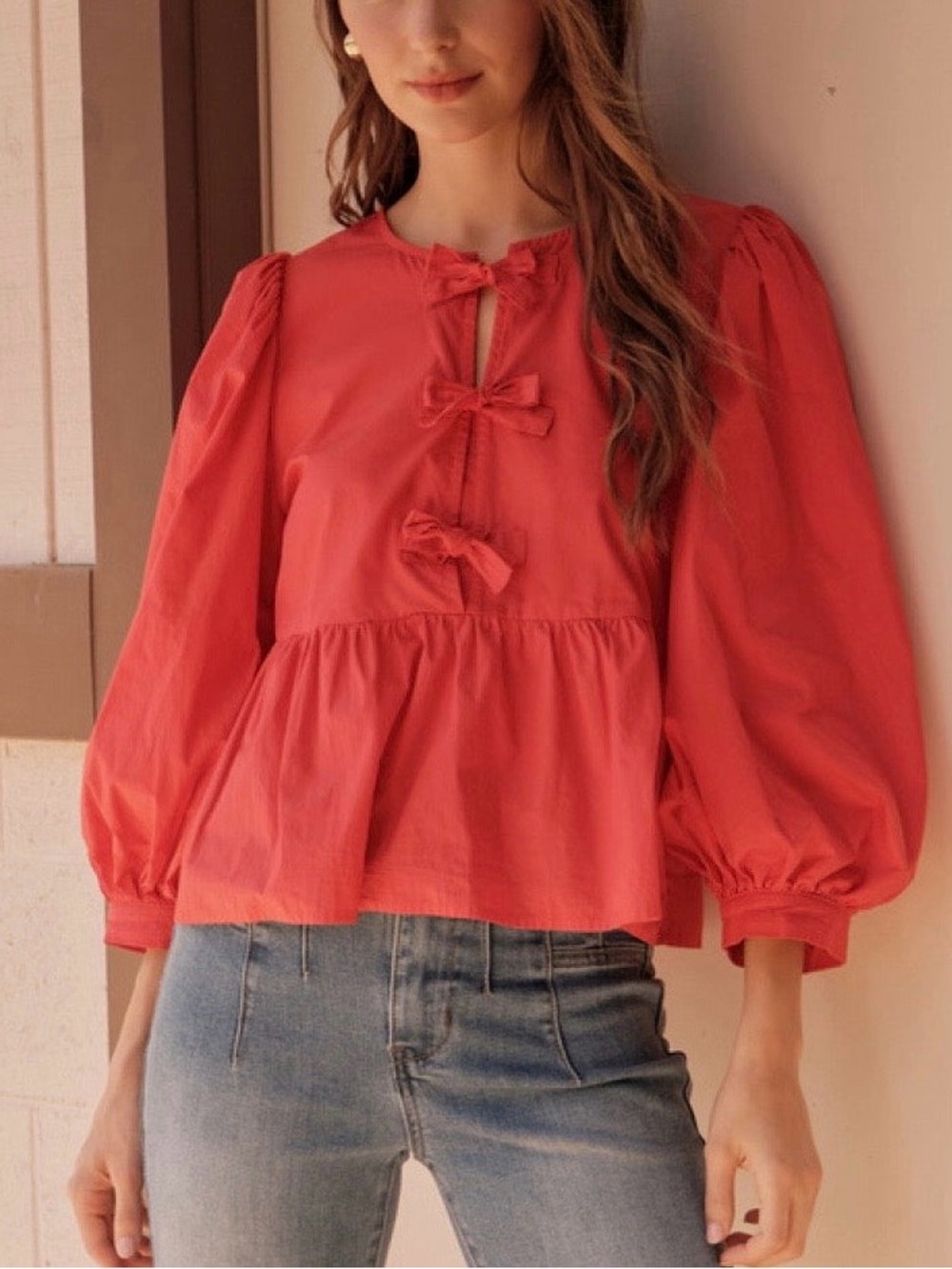 JODIFL Women's Red Peplum Bow-Front Blouse